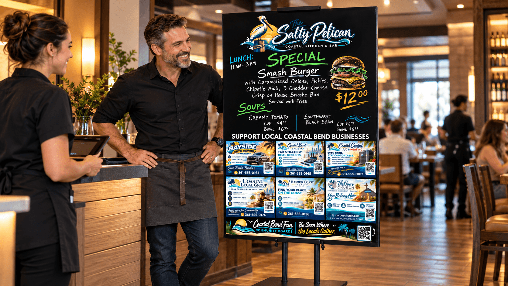 A restaurant owner and team member beside their customized Coastal Bend Fun Community Board