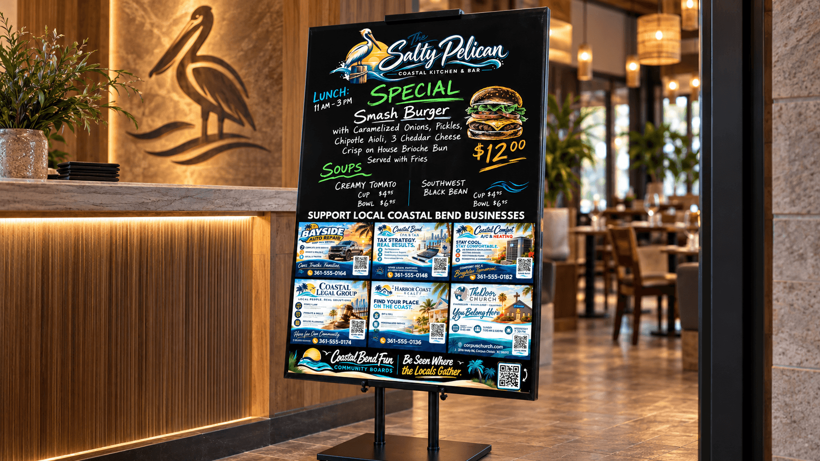 Customized Community Board on its stand near a host counter: Host logo header, large specials area and 6 Featured Business Positions