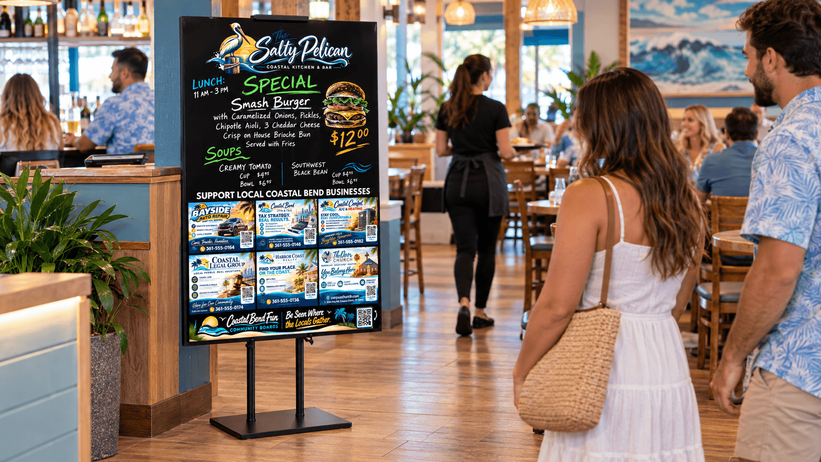 Restaurant guests walking past the Coastal Bend Fun Community Board on display inside a coastal restaurant